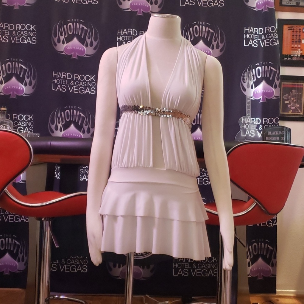 White multi teared and sequined dress
